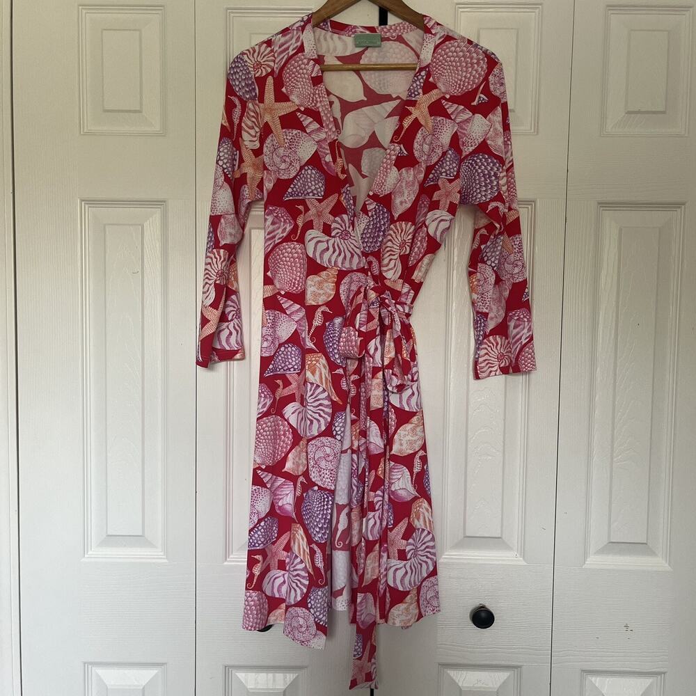 Women’s Manuel Conovas Red White Seashell Wrap Dress Size 12/14